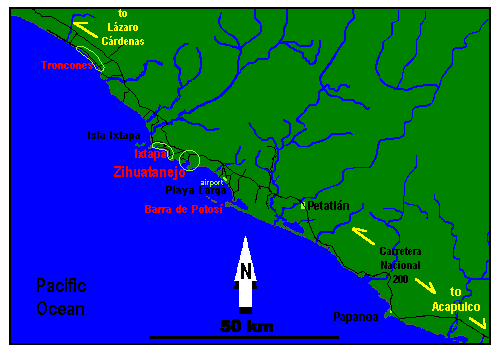 Coastal map showing Zihuatanejo, Ixtapa, & Troncones